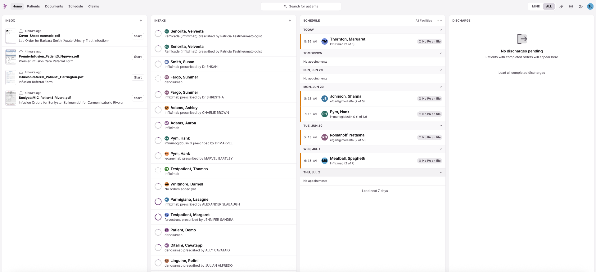 InfuseFlow operations board with patient referrals, intake, schedule, and discharge